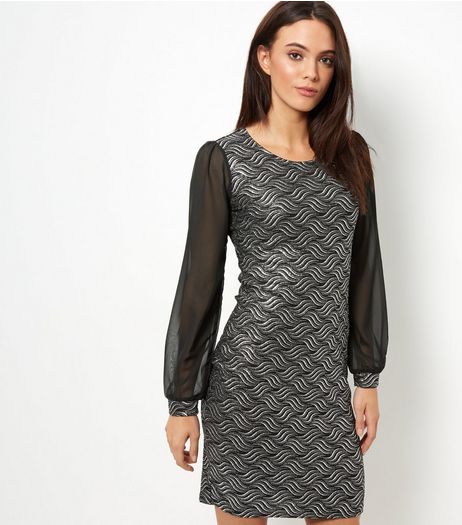 Mela Black Abstract Print Sheer Sleeve Dress | New Look