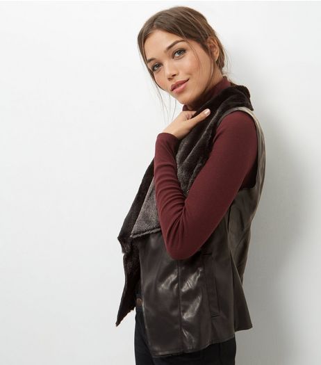 Mela Black Leather-Look Faux Fur Trim Gilet | New Look