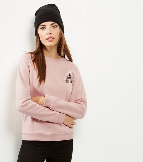 Mid Pink Love Embroidered Acid Washed Sweater | New Look