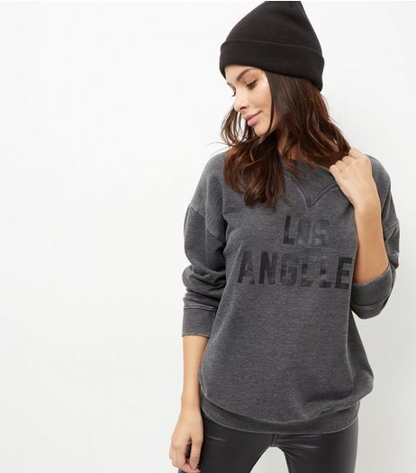 Dark Grey Acid Washed Los Angeles Print Sweater | New Look