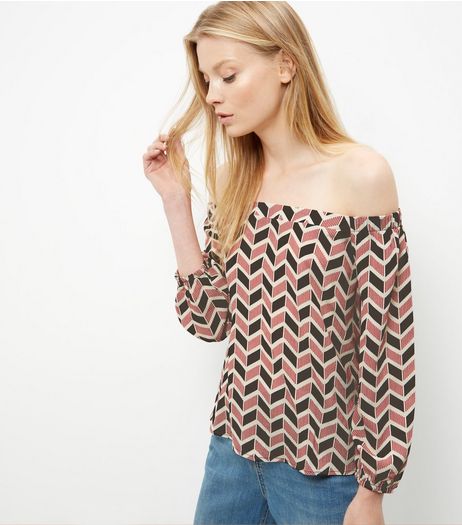 Red Geo Print Bardot Neck Long Sleeve Top | New Look