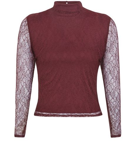 Teens Burgundy Lace Long Sleeve Funnel Neck Top | New Look
