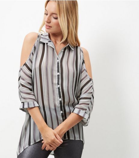 White Metallic Stripe Cold Shoulder 3/4 Sleeve Shirt | New Look