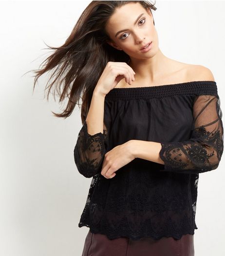 Black Embroidered Long Sleeve Bardot Neck Top | New Look