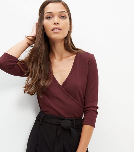 Burgundy Textured Wrap Front 3/4 Sleeve Top | New Look