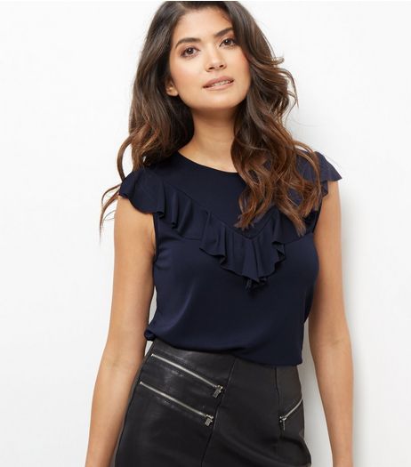 Navy V Ruffle Trim Sleeveless Top | New Look