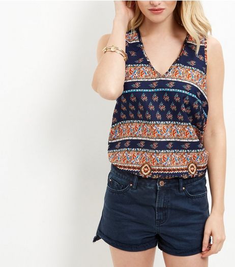 AX Paris Blue Abstract Print V Neck Top | New Look