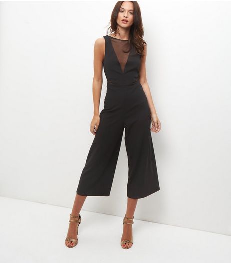 Black Mesh Panel Culotte Jumpsuit | New Look