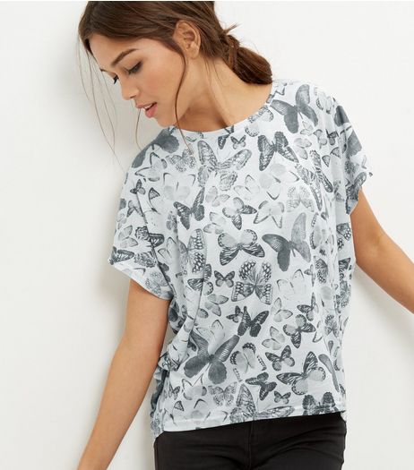 White Butterfly Print Cocoon T-Shirt | New Look