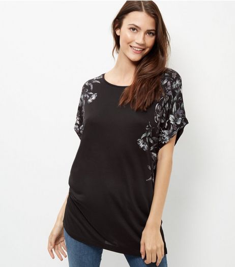 Black Floral Print Symmetric Cocoon T-Shirt | New Look