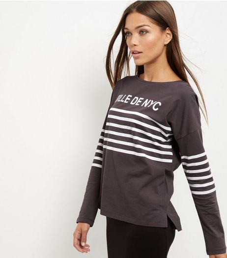 Dark Grey Fille De NYC Stripe T-Shirt | New Look
