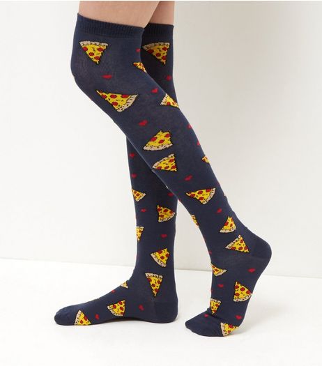 Navy Pizza Print Over The Knee Socks | New Look