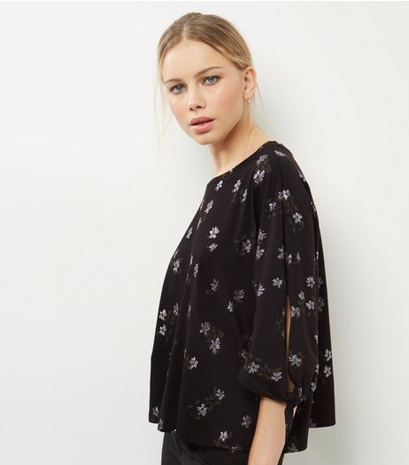 Black Floral Print Tie Sleeve Glitter T-Shirt | New Look