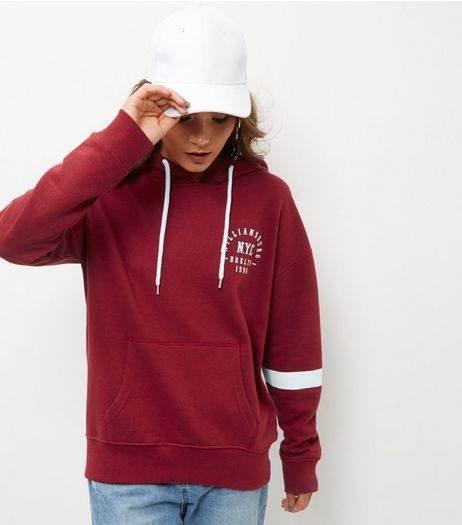 Burgundy NYC Print Stripe Sleeve Hoodie | New Look