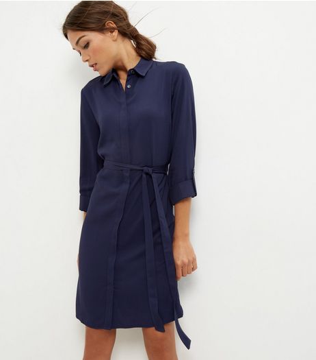 Navy Tie Waist Shirt Dress | New Look