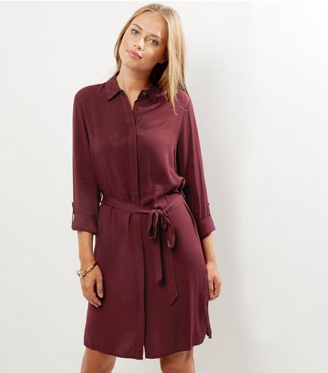 Burgundy Long Sleeve Belted Shirt Dress | New Look
