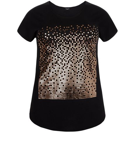 Curves Black Metallic Pixel Front T-Shirt | New Look