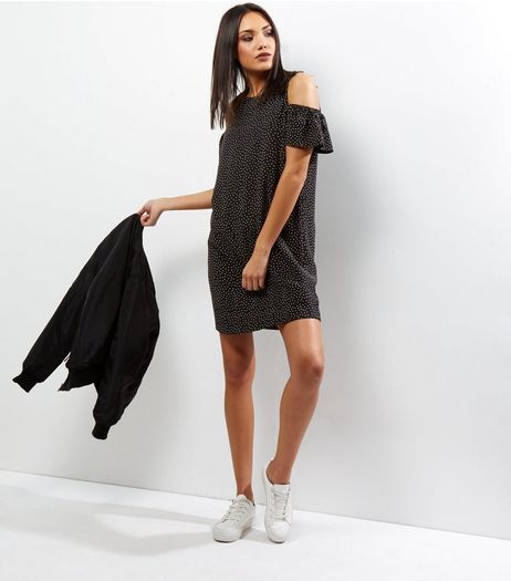 Black Polka Dot Print Cold Shoulder Swing Dress | New Look