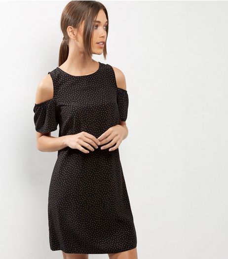 Black Dot Print Frill Trim Cold Shoulder Swing Dress | New Look