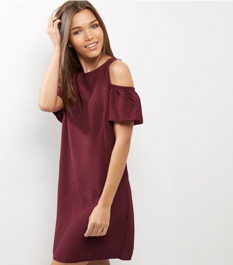 Red Dot Print Frill Trim Cold Shoulder Swing Dress | New Look