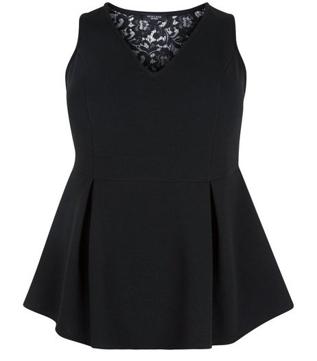 Curves Black Lace Panel Peplum Top | New Look