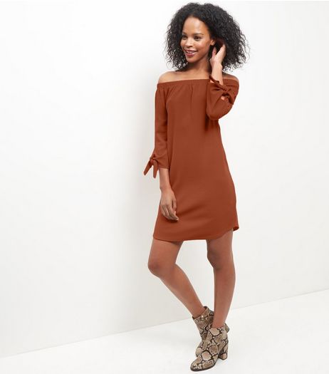 Rust Bardot Neck Tie 3/4 Sleeve Dress | New Look
