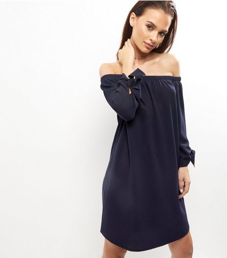 Navy Bardot Neck Tie 3/4 Sleeve Dress | New Look