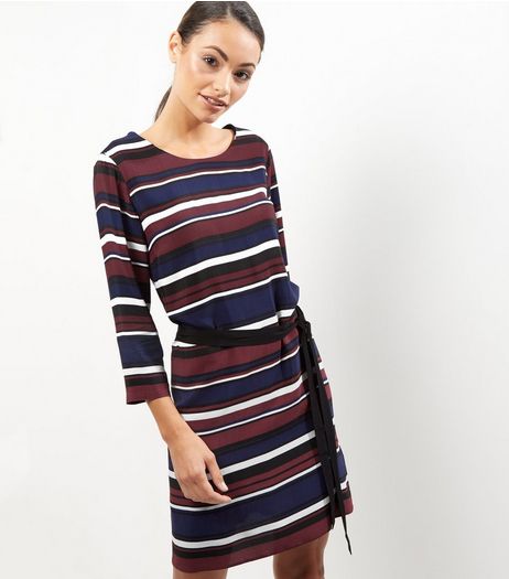 Blue Stripe Long Sleeve Belted Tunic Dress | New Look