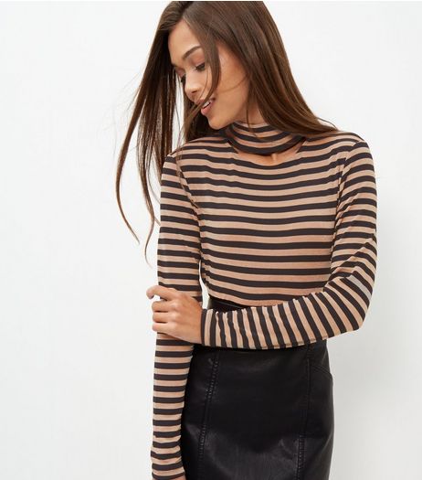Black Stripe Cut Out Choker Long Sleeve Top | New Look