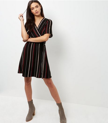 Black Stripe Wrap Front Dress | New Look