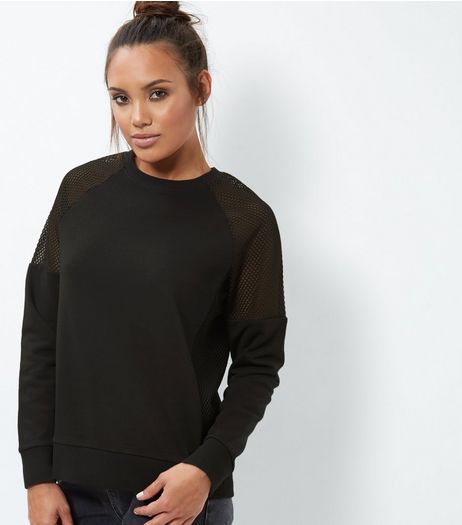 Black Mesh Shoulder Long Sleeve Sweater | New Look