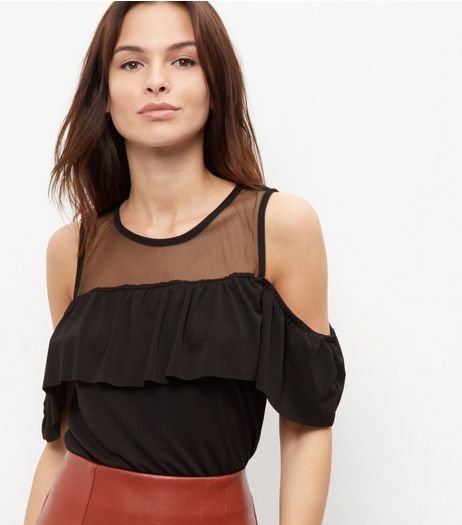 Black Frill Trim Mesh Panel Cold Shoulder T-Shirt | New Look