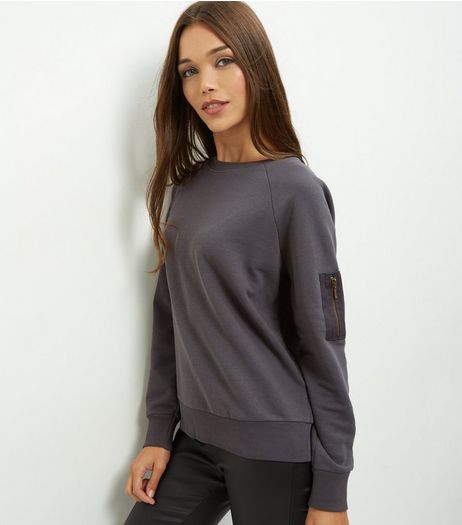 Dark Grey Zip Pocket Sleeve Sweater | New Look