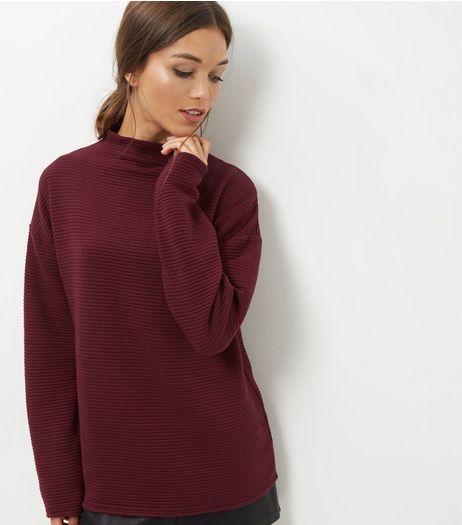 Burgundy Ribbed Funnel Neck Sweater | New Look