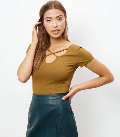 Olive Green Ribbed Cross Strap T-Shirt | New Look