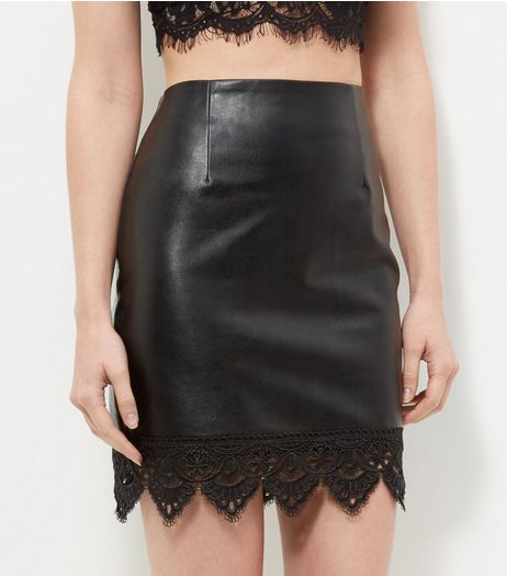 Cameo Rose Black Leather-Look Crochet Trim Skirt | New Look