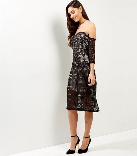 Anita and Green Black Floral Lace Bardot Neck Dress | New Look
