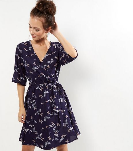 Tall Blue Butterfly Print Wrap Dress | New Look