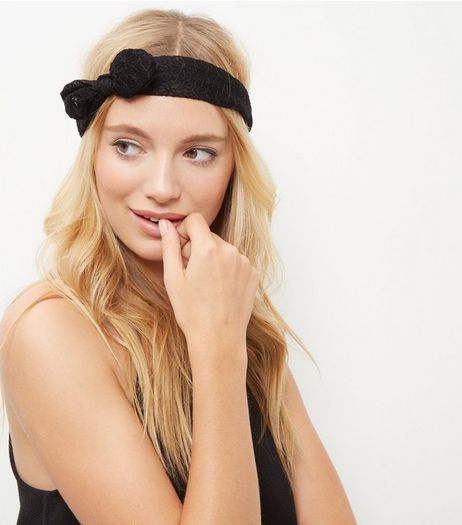 Black Floral Lace Bow Headscarf | New Look