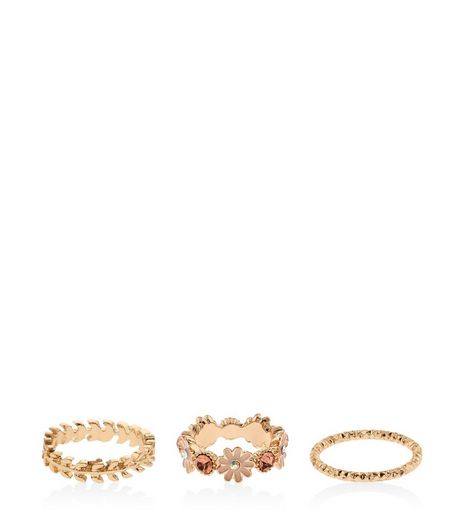 3 Pack Rose Gold Floral Rings | New Look