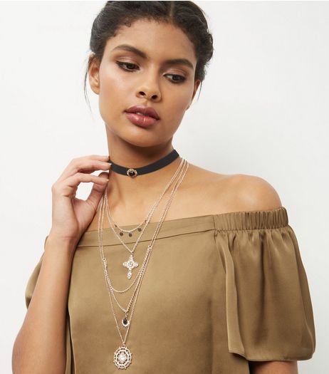 Black Layered Choker Cross Necklace | New Look