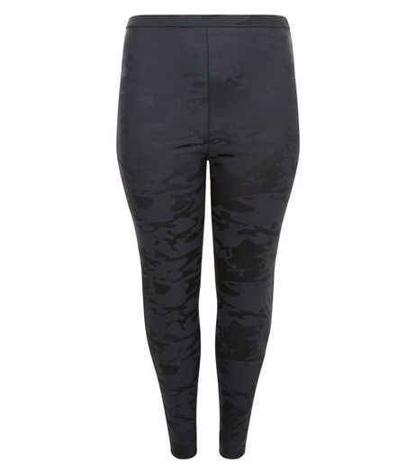 Curves Black Camo Print Coated Leggings | New Look