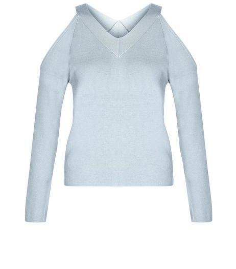 Teens Pale Blue V Neck Cold Shoulder Jumper | New Look