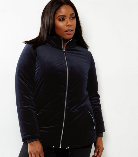 Navy Velvet Puffer Jacket | New Look