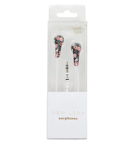 Black Floral Print Earphones | New Look