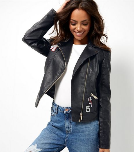 Black Leather-Look Badge Print Jacket | New Look