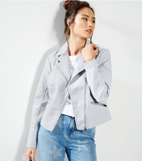 Pale Blue Leather-Look Biker Jacket | New Look