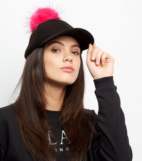 Black Faux Fur Pom Pom Cap | New Look