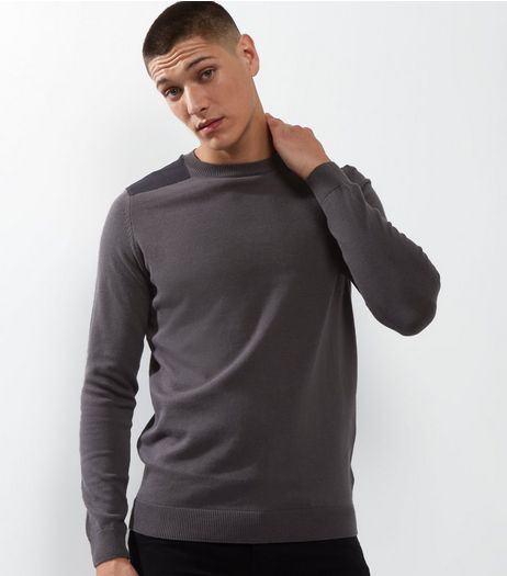 Dark Grey Shoulder Patch Crew Neck Jumper | New Look