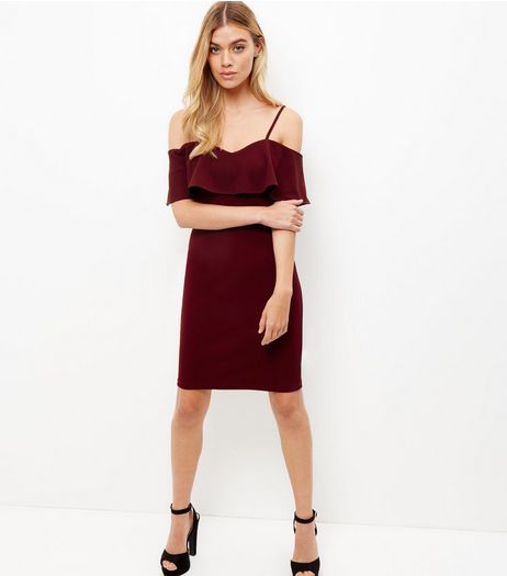 Parisian Burgundy Frill Trim Cold Shoulder Dress | New Look